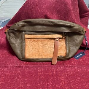 Brown and Tan Crossbody Bag with Adjustable Strap and Metal Accents